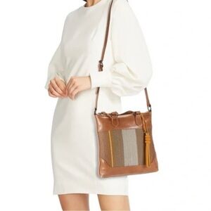 FRYE MELISSA LEATHER WOVEN STRIPED TOP HANDLE ZIP CROSSBODY SMALL TOTE BAG